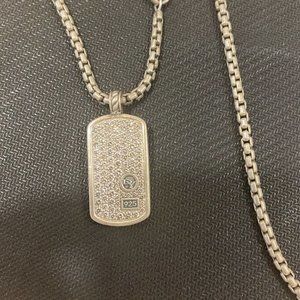 David Yurman Large Diamond Pave Dog Tag Necklace in Sterling Silver 2.68 CTW